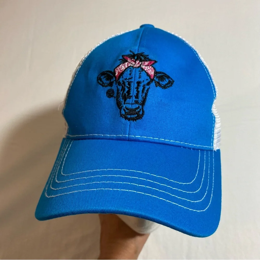 Girlie Girl Pony Tail Hat Betsy Cow Hat Baseball Cap Mesh White Blue Cap